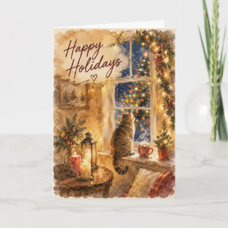 Snowy Christmas Evening Cute Cat Holiday Greeting Card