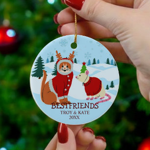 Snowy Christmas Friends – Cat and Rat Holiday Ceramic Tree Decoration