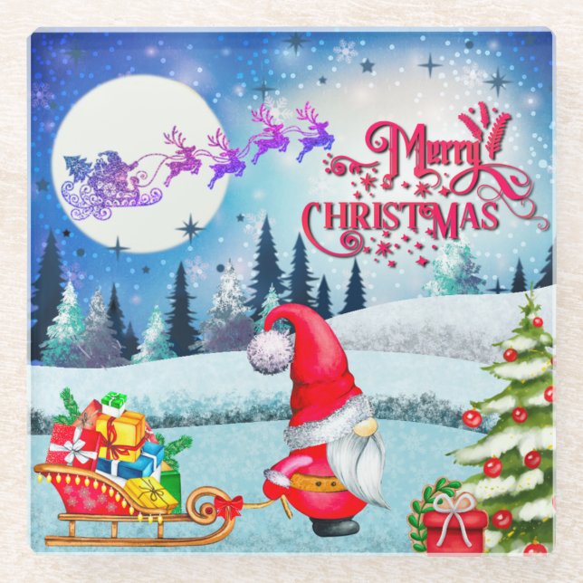 Snowy Christmas Gnome And Santa's Sleigh Gifts Glass Coaster (Front)