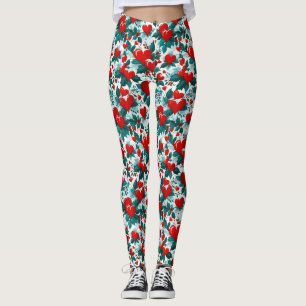 Snowy Christmas Hearts Red Green and White Leggings