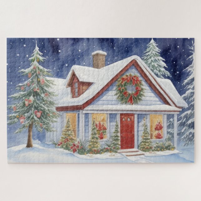 Snowy Christmas House Winter Painting Watercolor Jigsaw Puzzle (Horizontal)