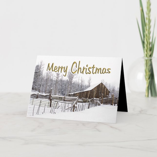 Snowy Christmas Rustic Barn Typography Custom Holiday Card (Front)