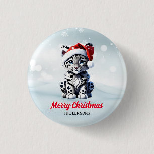 Snowy Christmas Santa Cute Snow Leopard Cub 3 Cm Round Badge