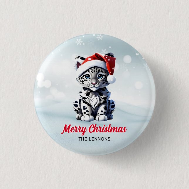 Snowy Christmas Santa Cute Snow Leopard Cub  3 Cm Round Badge (Front)