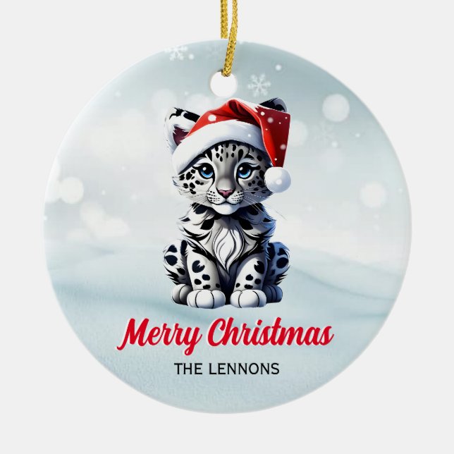 Snowy Christmas Santa Cute Snow Leopard Cub  Ceramic Tree Decoration (Front)