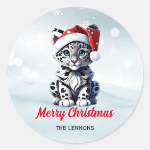 Snowy Christmas Santa Cute Snow Leopard Cub  Classic Round Sticker
