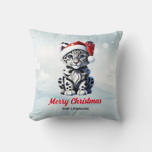 Snowy Christmas Santa Cute Snow Leopard Cub  Cushion