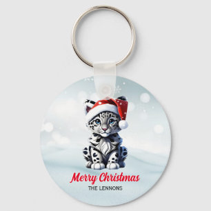 Snowy Christmas Santa Cute Snow Leopard Cub Key Ring