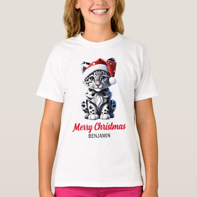 Snowy Christmas Santa Cute Snow Leopard Cub  T-Shirt (Front)