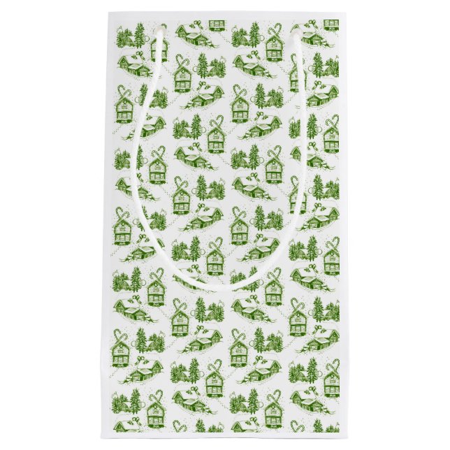 Snowy Christmas Toile | green   Small Gift Bag (Front)
