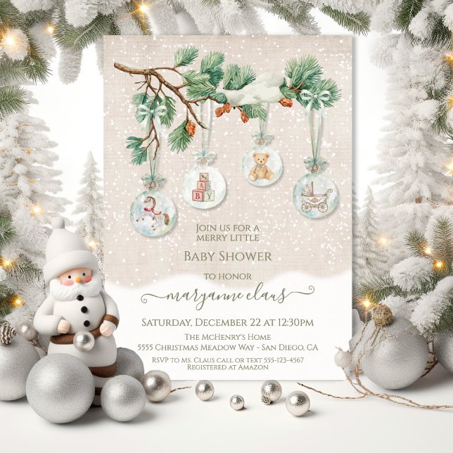 Snowy Christmas Tree Branch Ornament Baby Shower Invitation (Creator Uploaded)