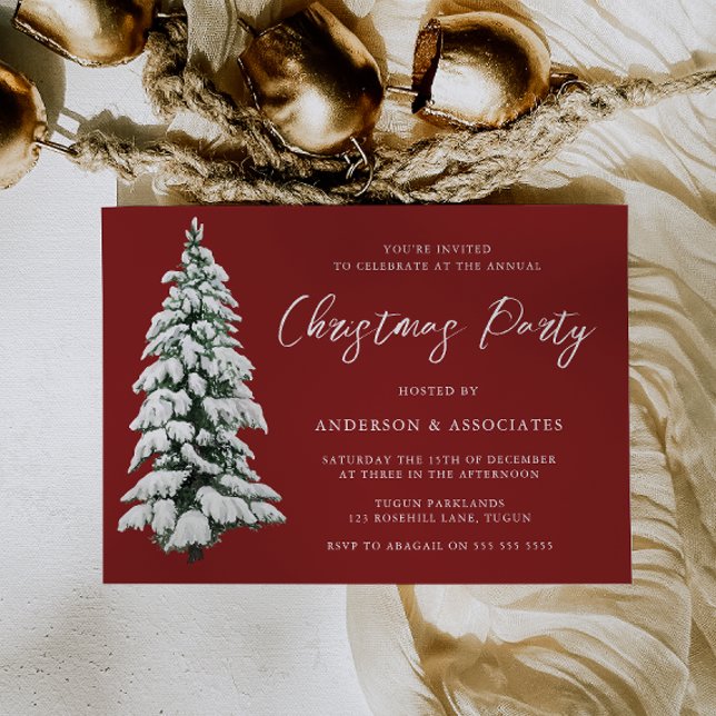 Snowy Christmas Tree Burgundy Red Christmas Party Invitation (Creator Uploaded)