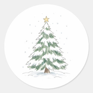 Snowy Christmas Tree with Golden Star Watercolor  Classic Round Sticker