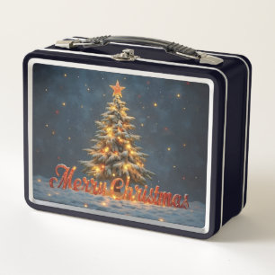Snowy Christmas Tree with Warm Lights Metal Lunch Box