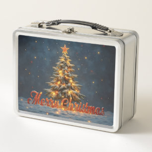 Snowy Christmas Tree with Warm Lights Metal Lunch Box