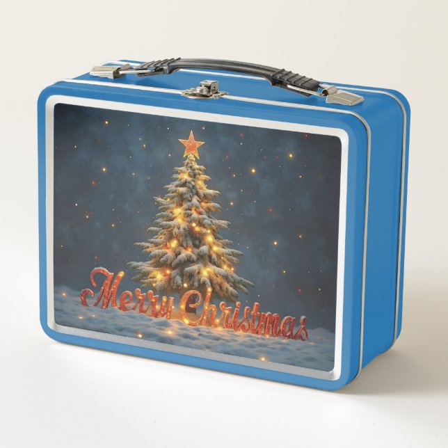 Snowy Christmas Tree with Warm Lights Metal Lunch Box (Front)