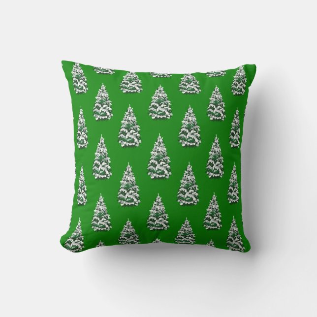 Snowy Christmas Trees in Green Pattern Cushion (Front)