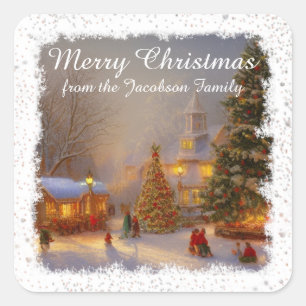 Snowy Christmas Trees Scene In Village Square Sticker