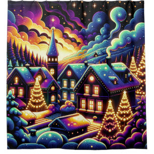 “Snowy Christmas Village at Night” Shower Curtain
