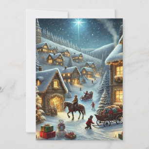 Snowy Christmas Village Glowing Windows and Star Holiday Card