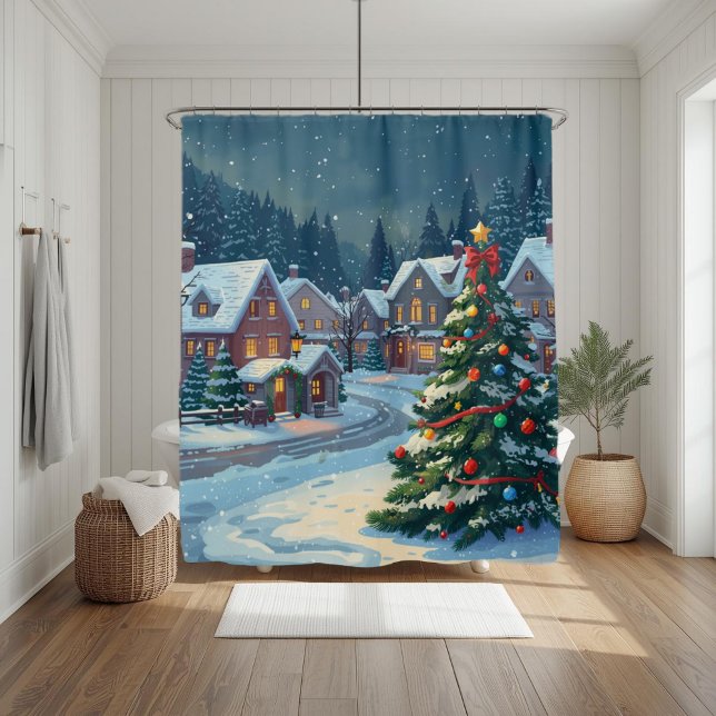 Snowy Christmas Village Holiday Shower Curtain (Creator Uploaded)