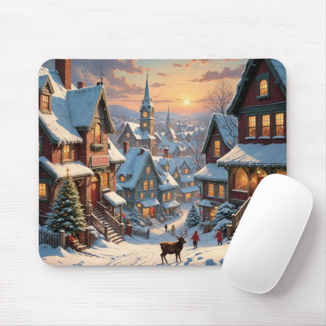 Snowy Christmas Village Mouse Pad (With Mouse)