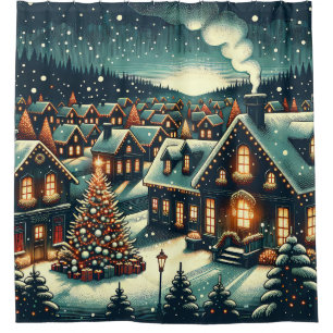 “Snowy Christmas Village Night” Shower Curtain