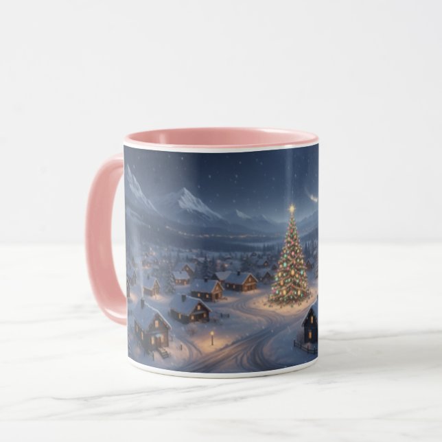 Snowy Christmas Village Pink Handle Combo Mug (Front Left)