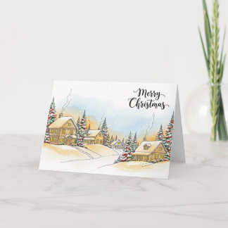 Snowy Christmas Village with Cozy Winter Cottages Holiday Card