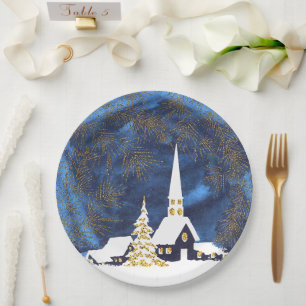 Snowy Church Christmas Paper Plates