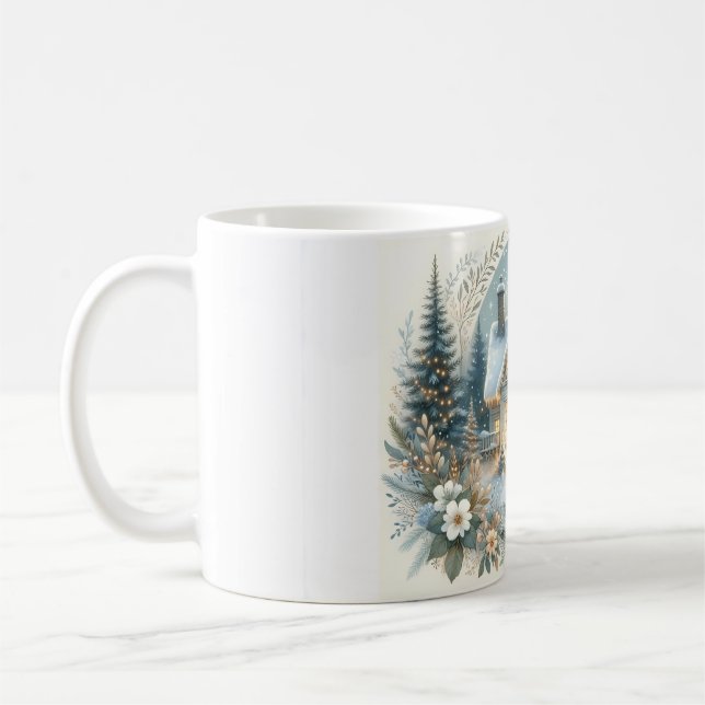 Snowy Cottage Glow Scene Coffee Mug (Left)