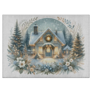 Snowy Cottage Glow Scene Cutting Board
