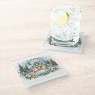 Snowy Cottage Glow Scene Glass Coaster
