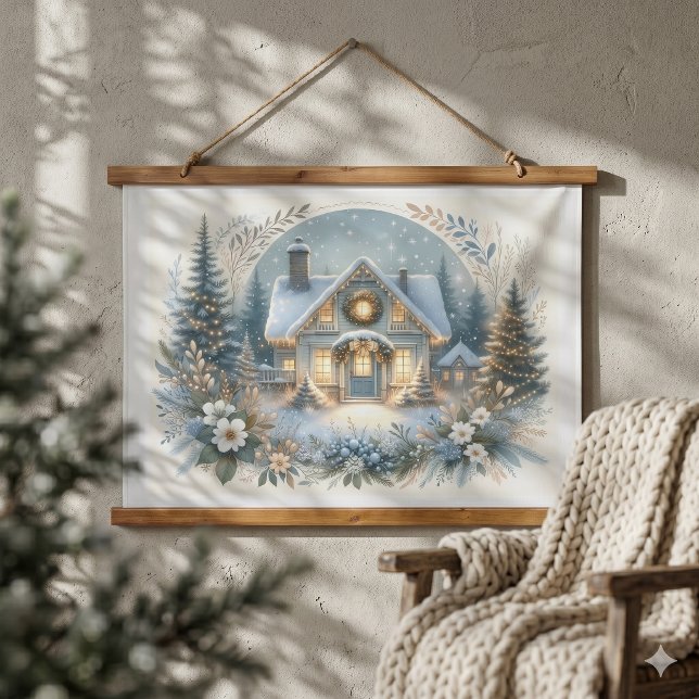 Snowy Cottage Glow Scene Hanging Tapestry (Snowy Cottage Glow Scene Hanging Tapestry)