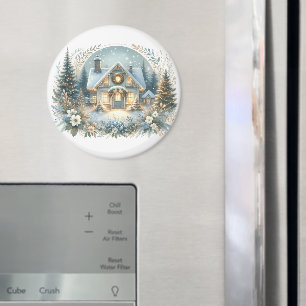 Snowy Cottage Glow Scene Magnet