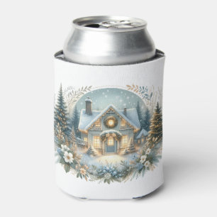 Snowy Cottage Glow Scene Pillar Candle Can Cooler
