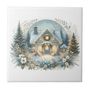 Snowy Cottage Glow Scene Tile