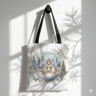 Snowy Cottage Glow Scene Tote Bag