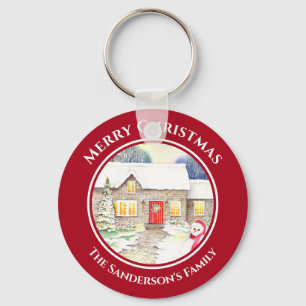 Snowy Cottage Snowman Watercolor Red Circle Key Ring