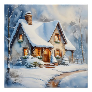 Snowy Cottage Watercolor Painting Art Poster