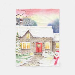 Snowy Cottage Watercolor Painting Fleece Blanket