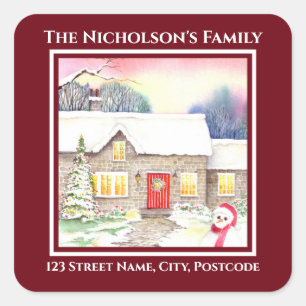 Snowy Cottage Watercolor Painting Square Red Frame Sticker