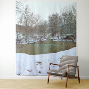 Snowy Creek Forest Winter Scene Nature Backdrop Tapestry