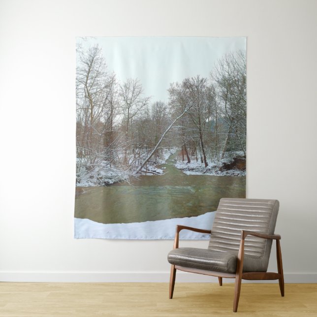 Snowy Creek Forest Winter Scene Nature Backdrop Tapestry (In Situ)