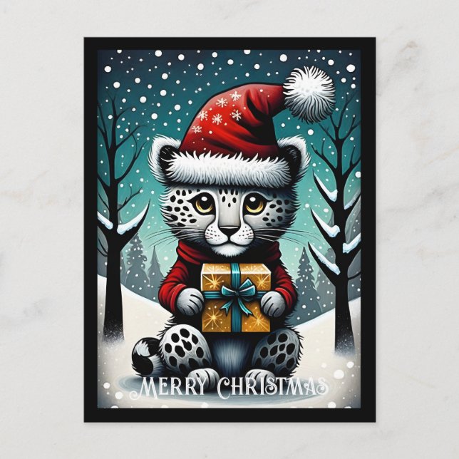 Snowy Cute Baby Snow Leopard Santa Christmas Gift Postcard (Front)