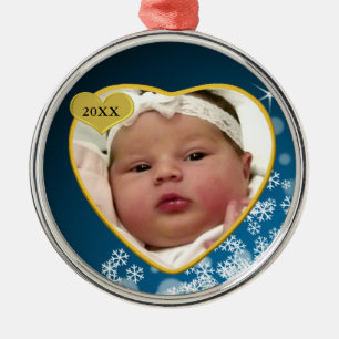 Snowy Dark Blue Baby's Birth Year Photo Christmas Metal Tree Decoration