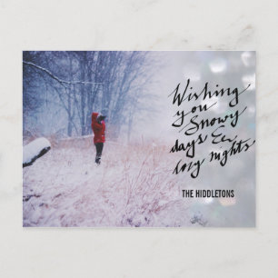 Snowy Days Cosy Nights Script Bokeh Holiday Photo Postcard