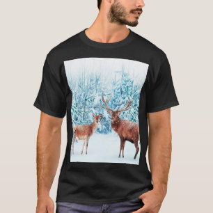 Snowy Deer Family Winter Scene T-Shirt