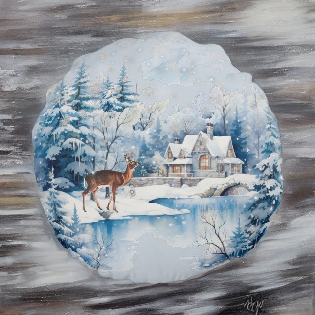 Snowy Deer in Forest near Lake House in Winter Round Cushion (Creator Uploaded)