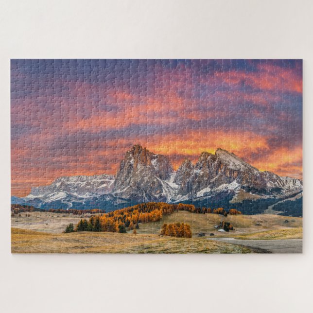 Snowy Dolomite Mountains Fall Sunset Travel Italy Jigsaw Puzzle (Horizontal)